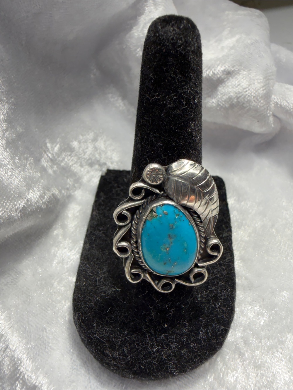 Sterling Flower Setting Ring W Leaf + Turquoise Sz 6.25
